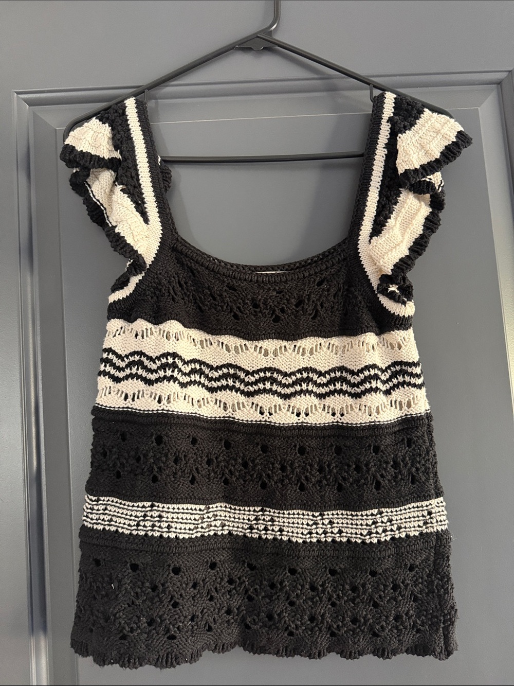 LOFT Black and Cream Crochet Ruffle-Sleeve Tank Top